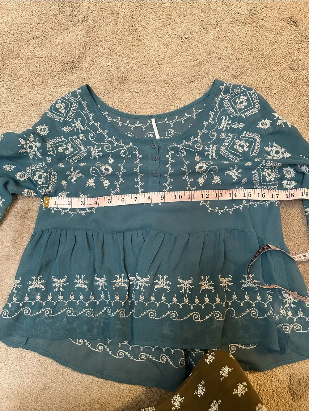 Free People Pennies Sequel Embroidered Floral Peasant Blouse Sheer Teal Boho XS